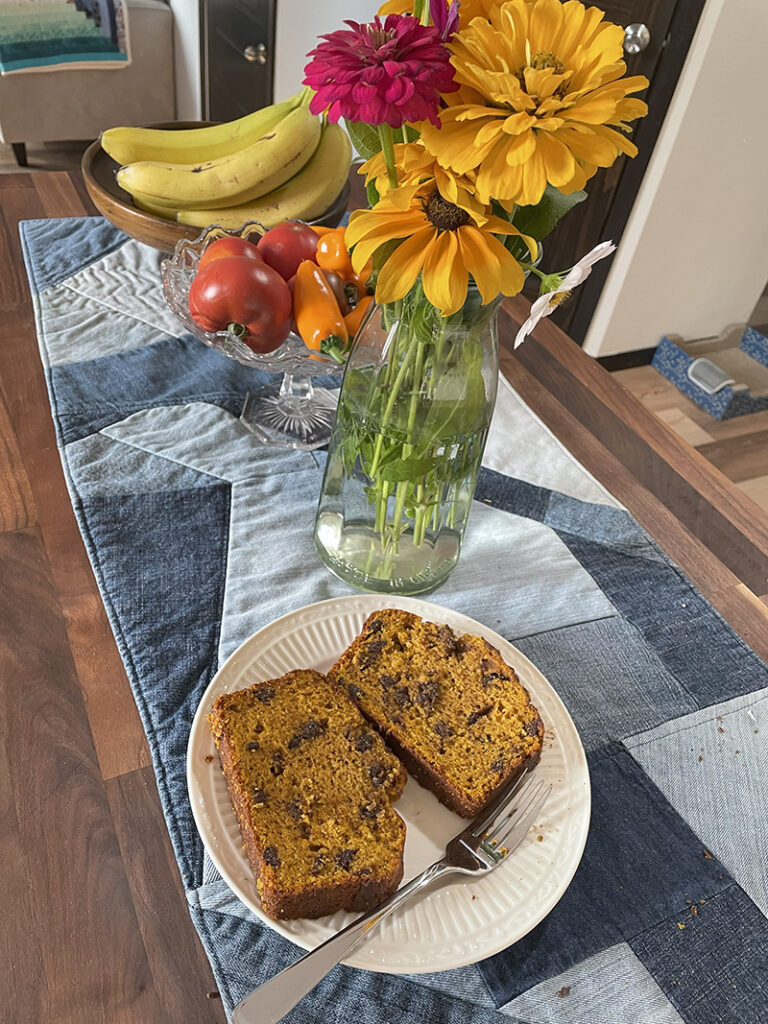 fake fall, flowers, veges, pumpkin bread
